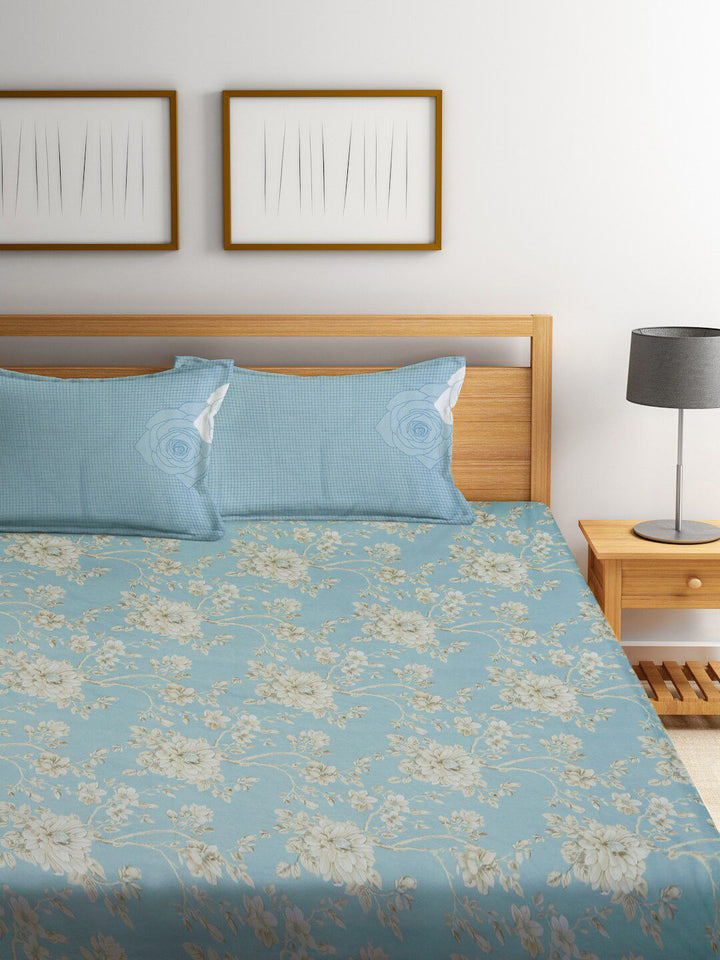 KLOTTHE Blue Floral Pure Cotton 400 TC Super King Bedsheet with 2 Pillow Covers-270X270 cm