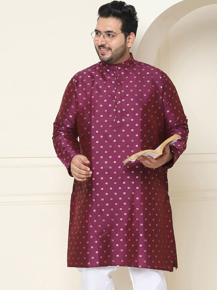 SOJANYA PLUS Men Plus Size Burgundy & Golden Geometric Jacquard Kurta