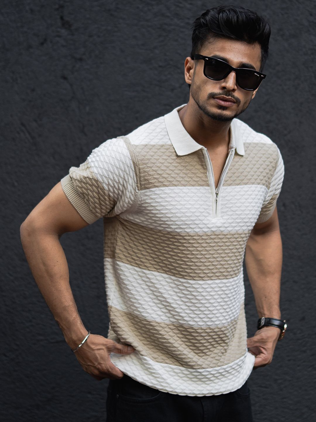 Powerlook Men Striped Polo Collar Cotton T-shirt