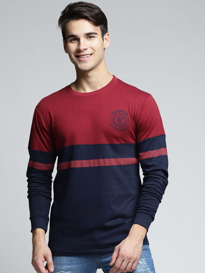 Difference of Opinion Men Maroon  Navy Blue Colourblocked Round Neck Pure Cotton T-shirt