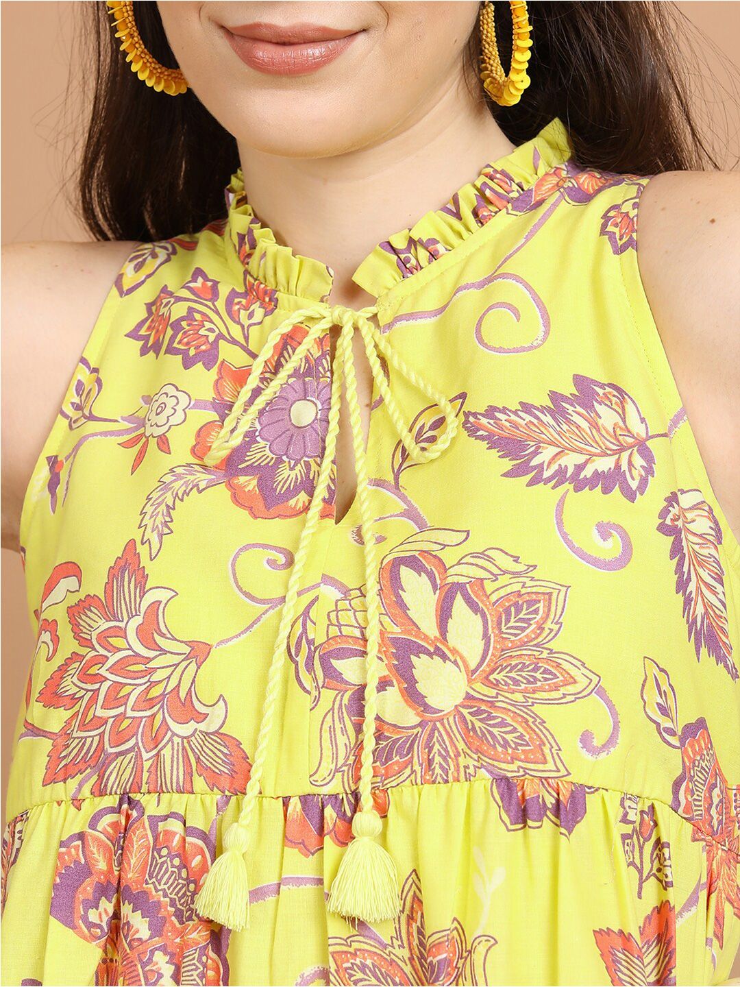 Vishudh Yellow Floral Printed Sleeveless Tie-Up Neck Tiered Maxi Dress