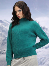 Tokyo Talkies Teal High Neck Long Sleeves Acrylic Pullover Sweater