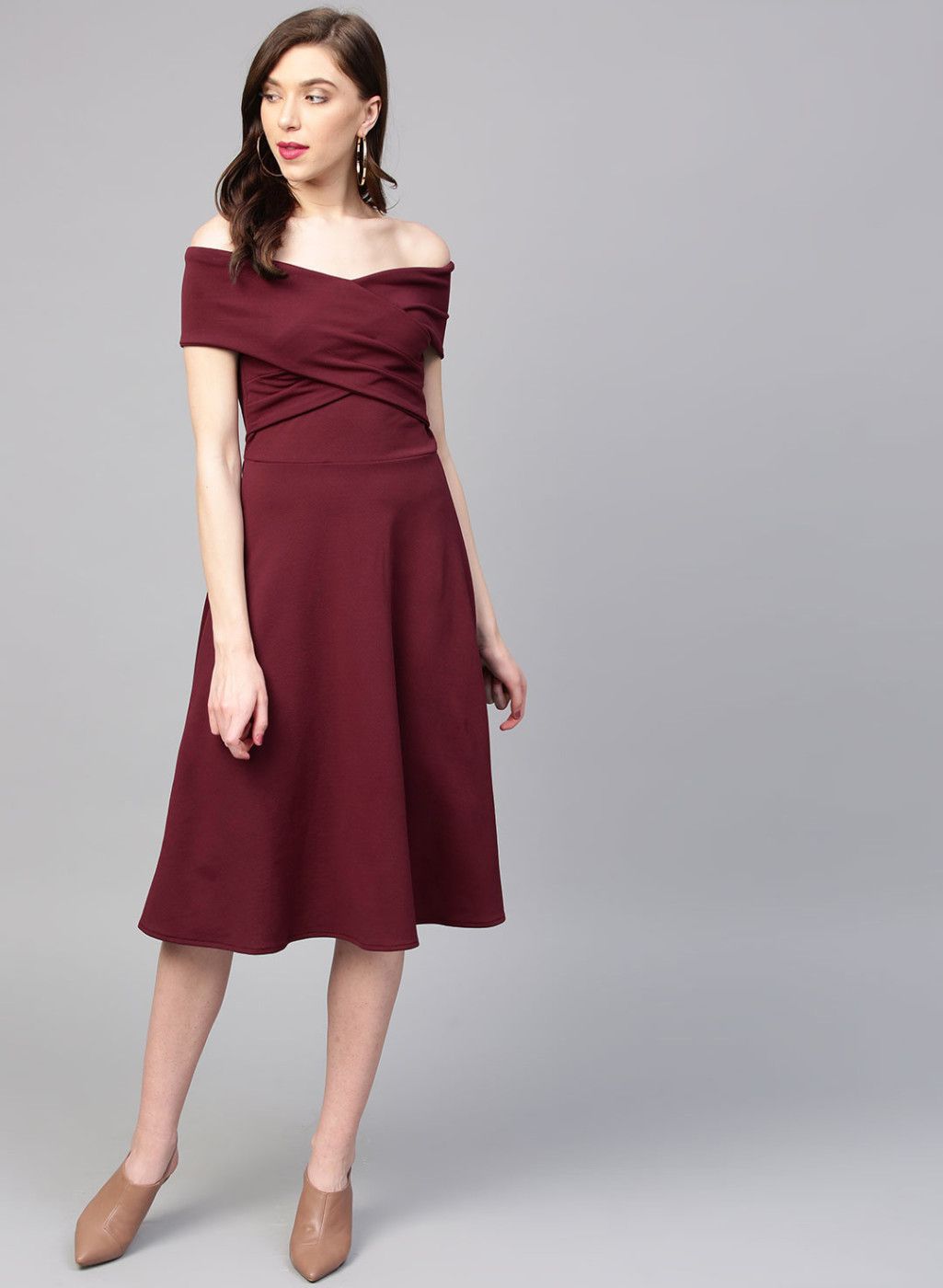 Burgundy Solid Off-Shoulder Fit & Flare Dress