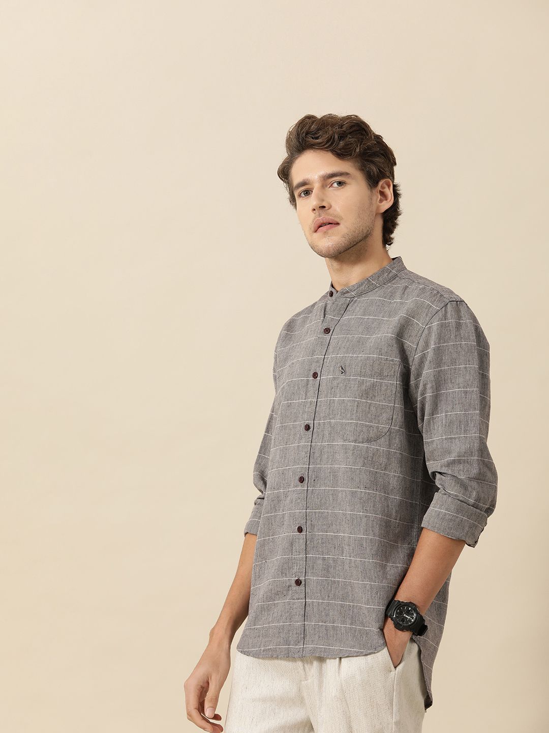 Mr Bowerbird Men Grey Tailored Fit Horizontal Stripes Casual Shirt
