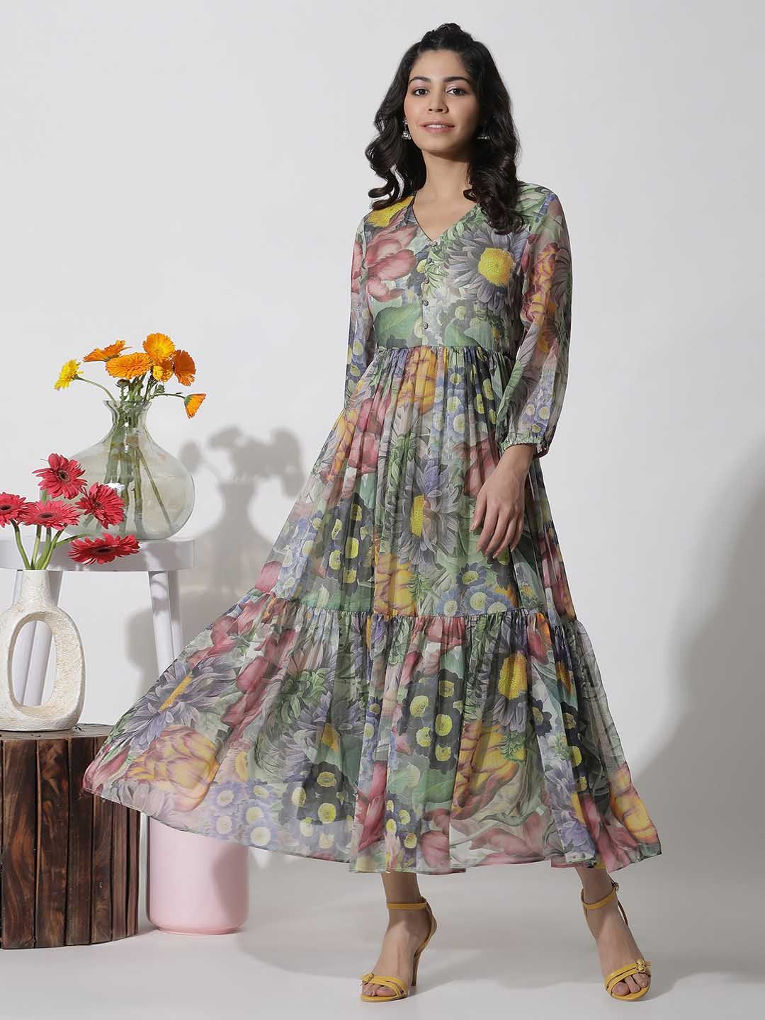W Floral Print V-Neck Bell Sleeves A-Line Maxi Dress