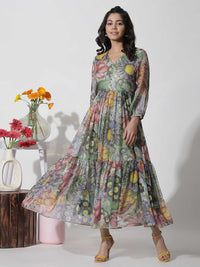 W Floral Print V-Neck Bell Sleeves A-Line Maxi Dress