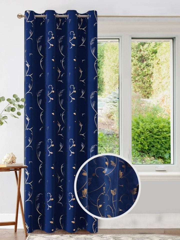 URBAN SPACE Navy Blue & White Floral Printed Black Out Long Door Curtain