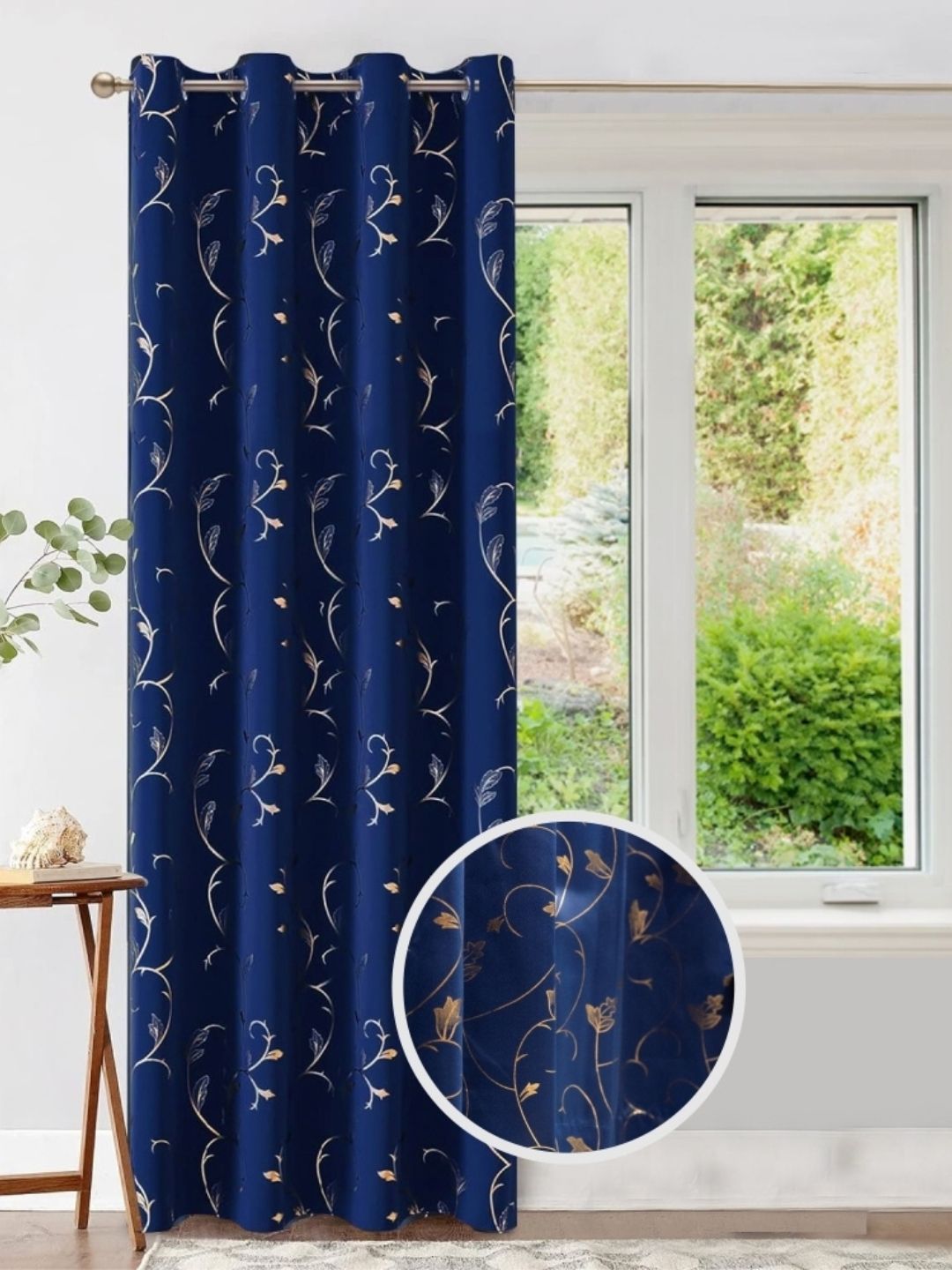 URBAN SPACE Navy Blue & White Floral Printed Black Out Long Door Curtain