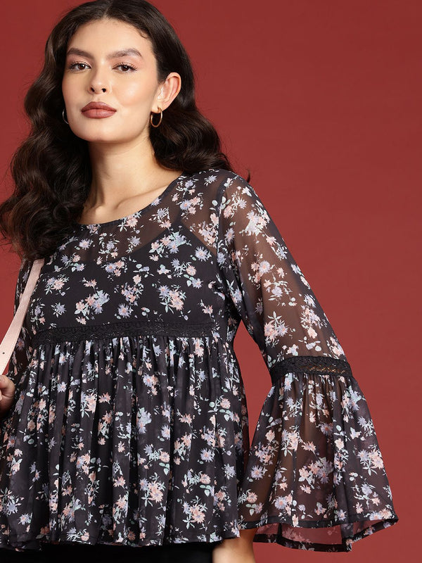 all about you Floral Printed Semi Sheer Gathered A-Line Top