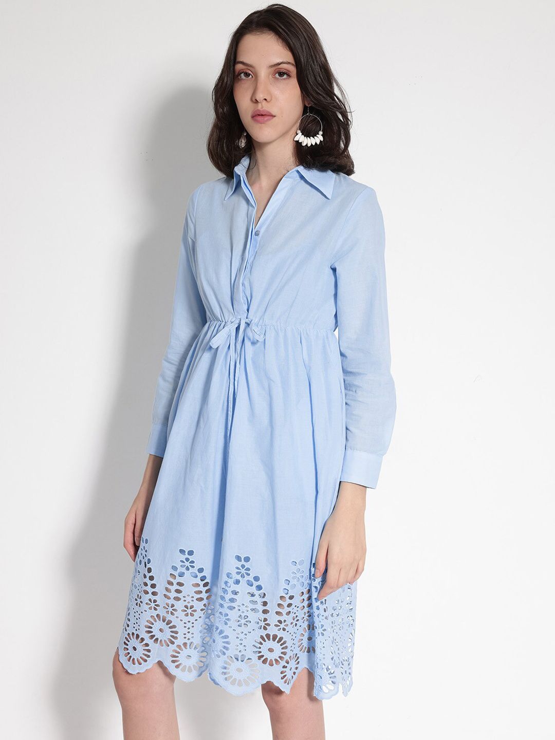 RAREISM Shirt Collar Cuffed Sleeves Cotton Fit & Flare Dress