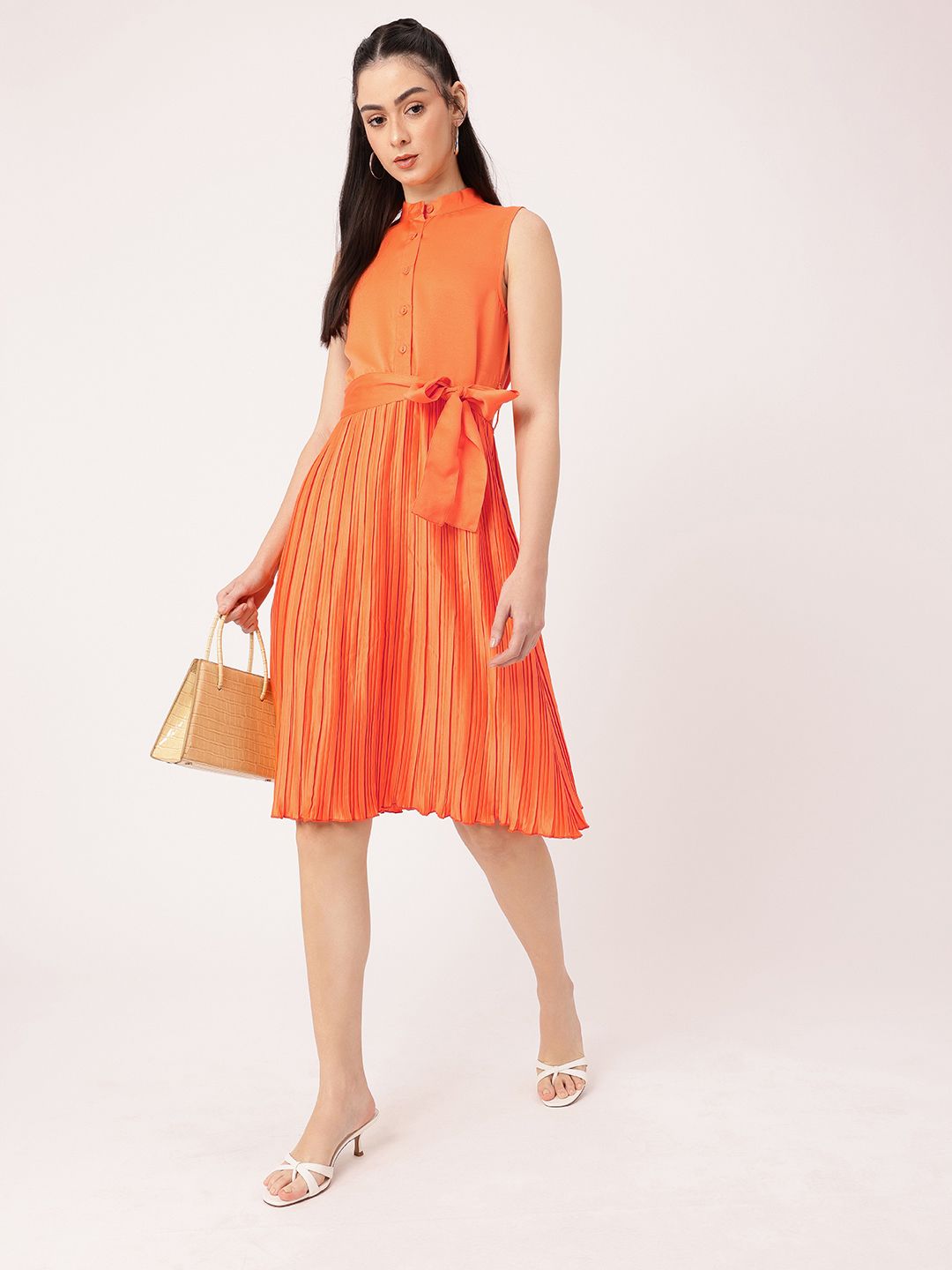 DressBerry Satin Sophistication Accordion Pleated Bow Detailed A-line Dress