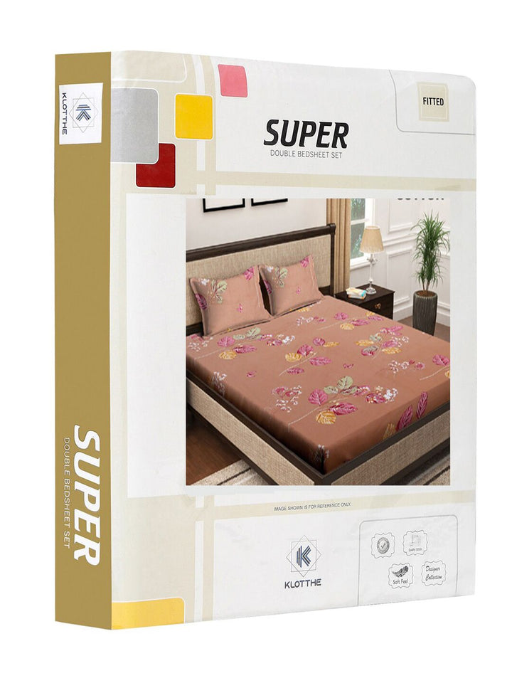 KLOTTHE Brown & Pink Floral Printed 400 TC Cotton Fitted Double King Bedsheets Set