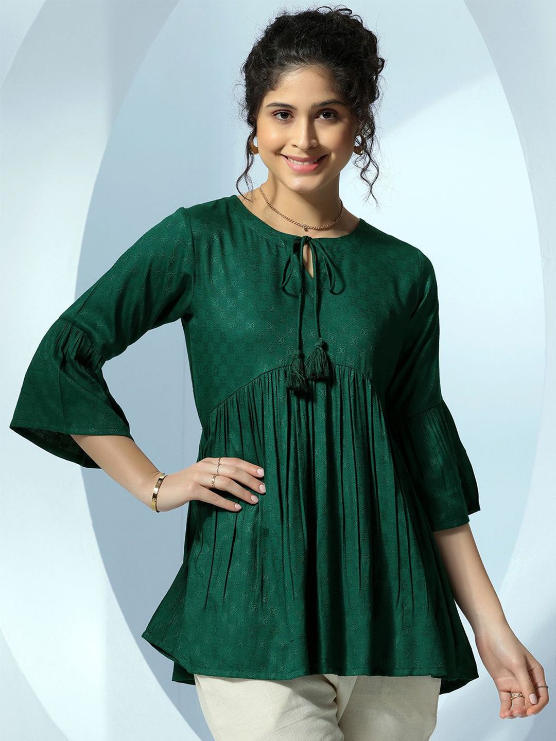Libas Women Woven Design Tie-Up Neck A-Line Kurti
