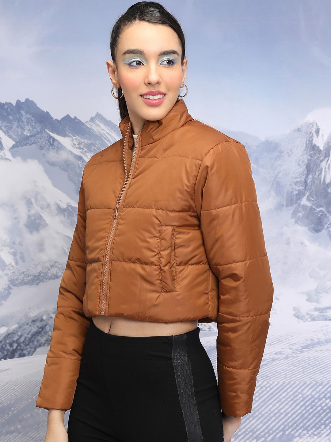 Tokyo Talkies Brown Mock Collar Crop Padded Jacket