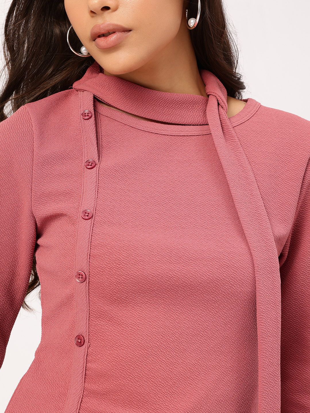 DressBerry Street Texture Button Detail Scarf Neck Top
