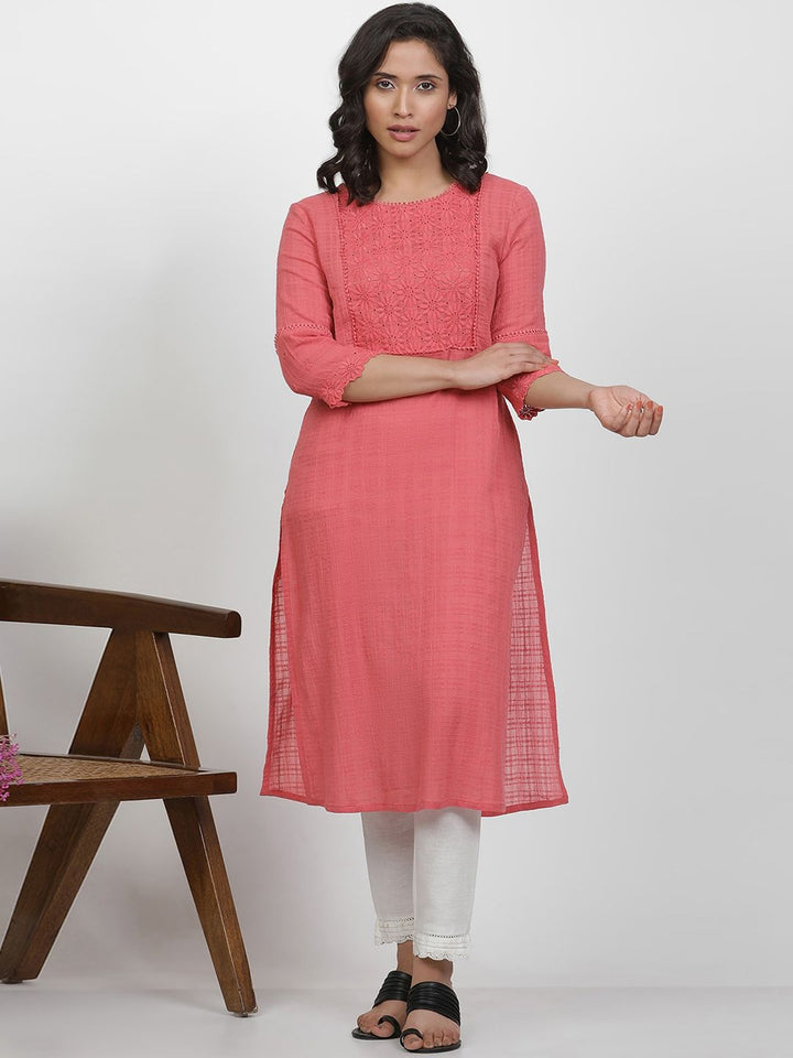 W Women Self Design Thread Work Cotton Straight Kurta