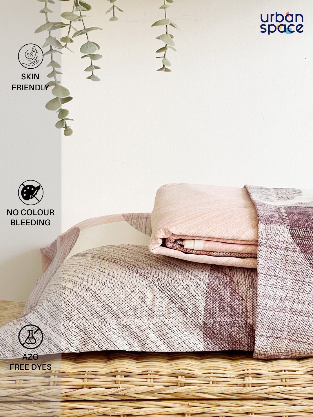 URBAN SPACE Serene Pink & Purple Geometric Cotton 200 TC Single Bedsheet & 1 Pillow Cover