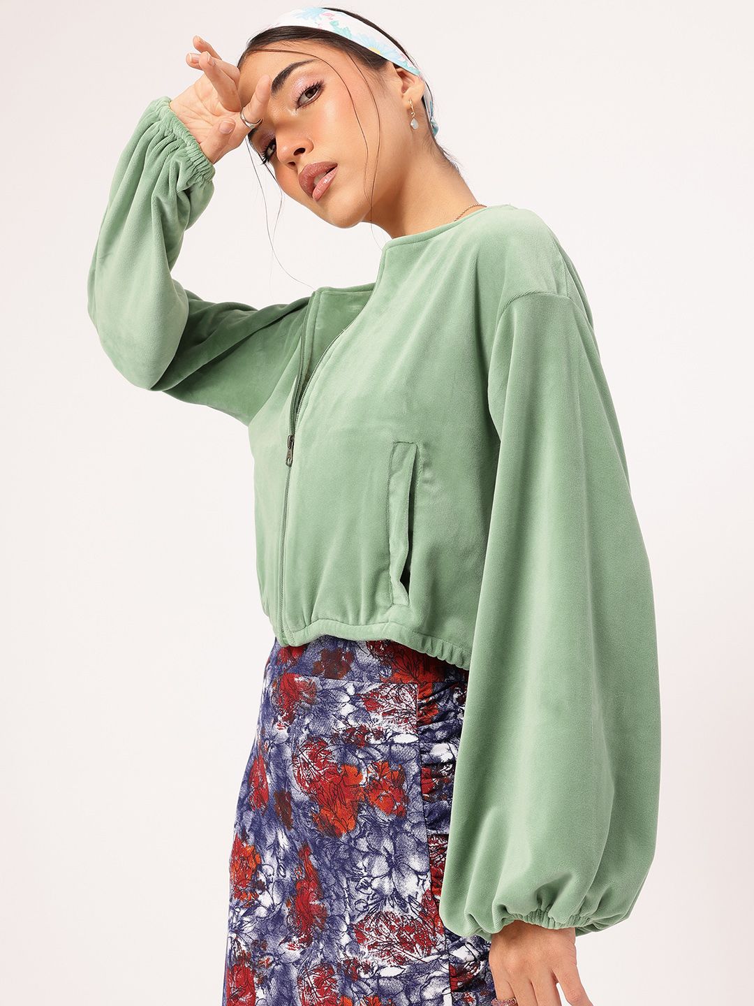 DressBerry Chill Mode On Velour Finish Dramatic Puff Sleeves Crop Jacket