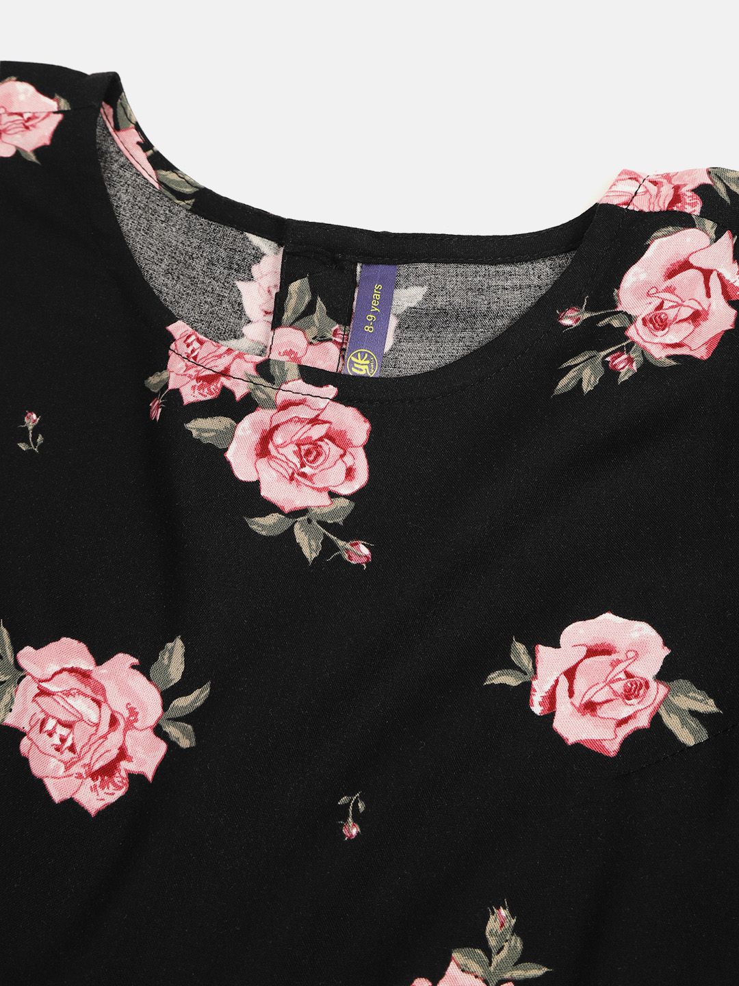 YK Girls Black & Pink Floral Print Fit & Flare Dress