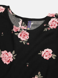 YK Girls Black & Pink Floral Print Fit & Flare Dress
