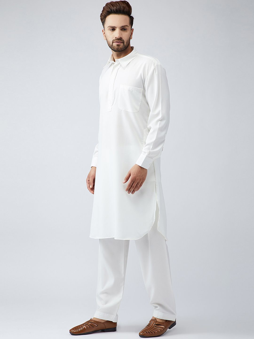 SOJANYA Men White & Cream-Coloured Solid Kurta with Salwar