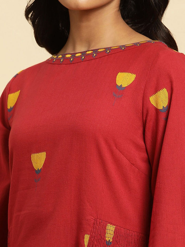W Red Floral Printed Puffed Sleeves Smocking Pure Cotton Peplum Top