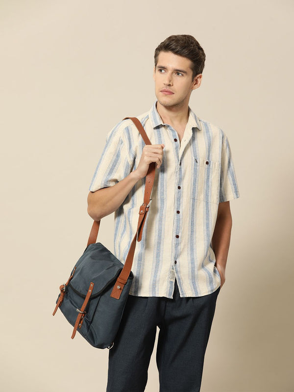 Mr Bowerbird Men Beige & Blue Striped Casual Shirt