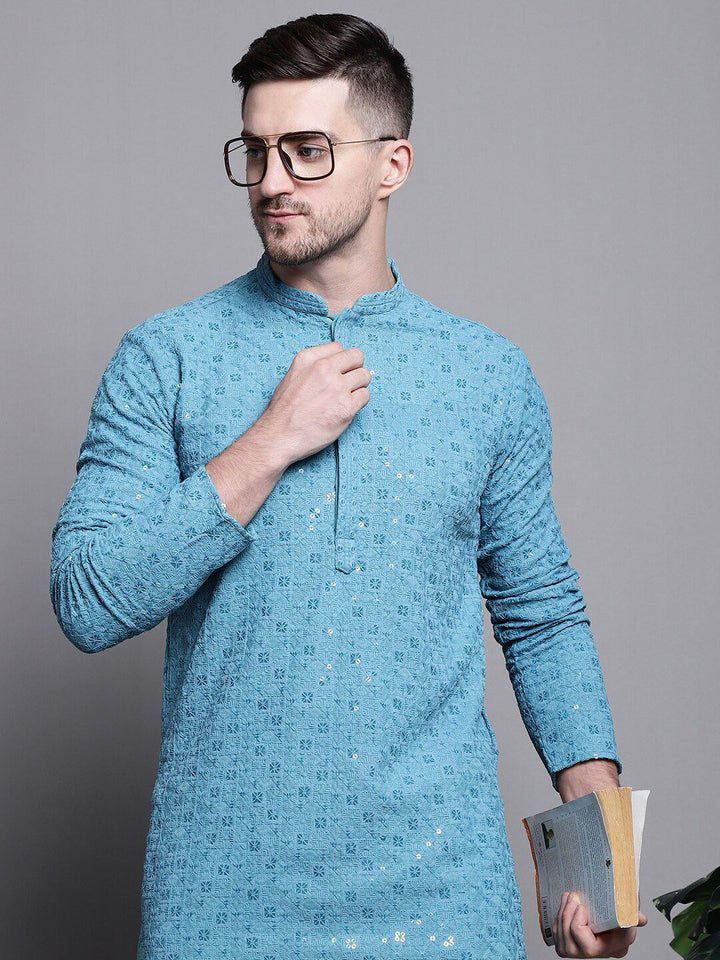 Jompers Floral Embroidered Sequinned Pure Cotton Straight Kurta With Pyjamas