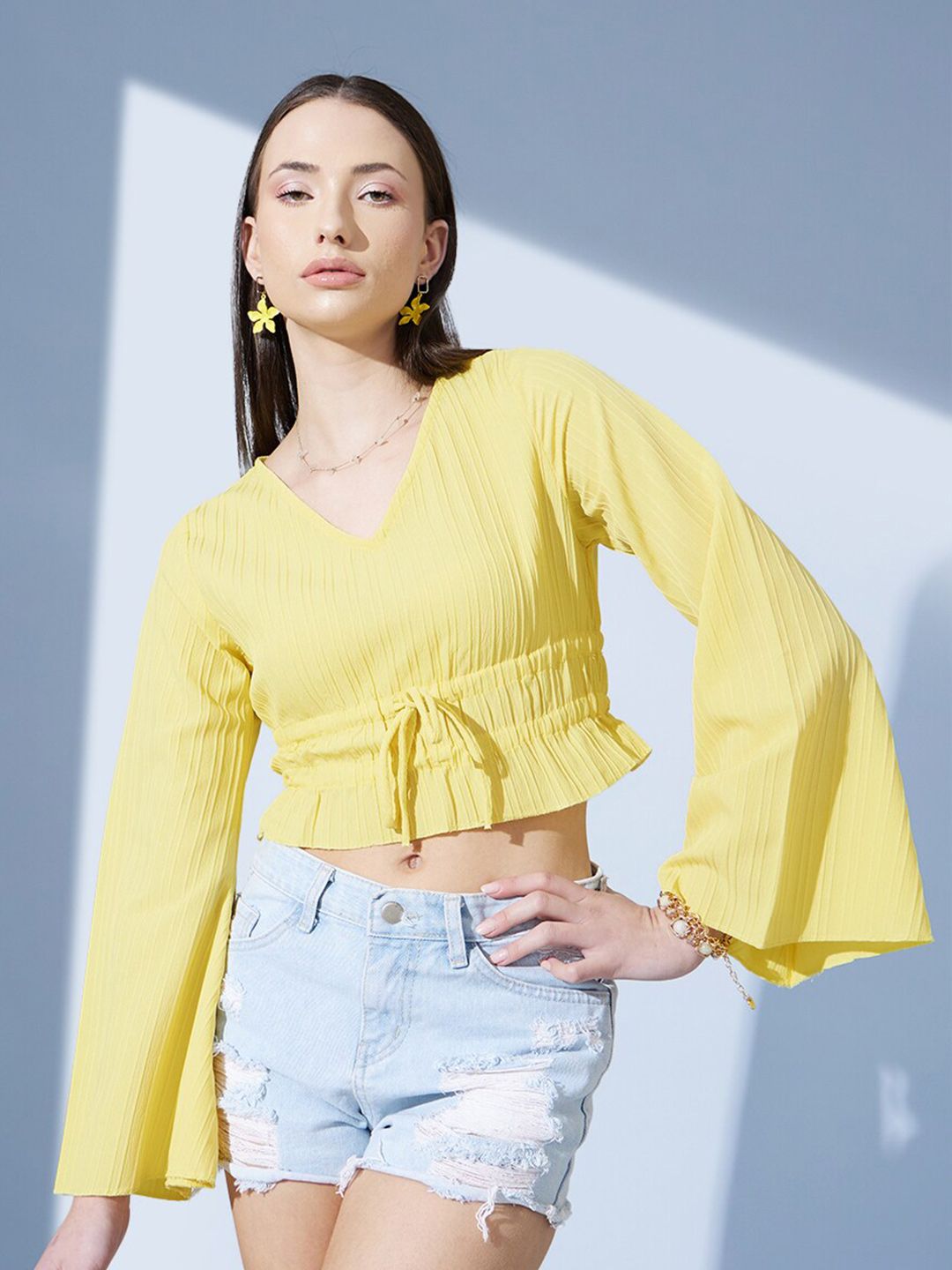 STREET 9 Pure Cotton Yellow Striped Bell Sleeves Cinched Waist Crop Top