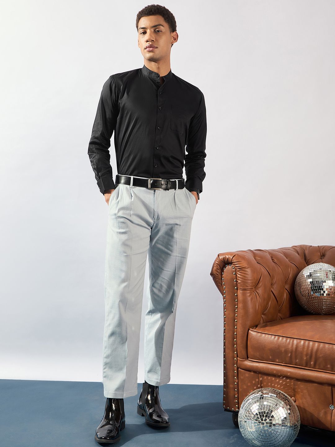 DENNISON Men Smart Mandarin Collar Solid Cotton Casual Shirt