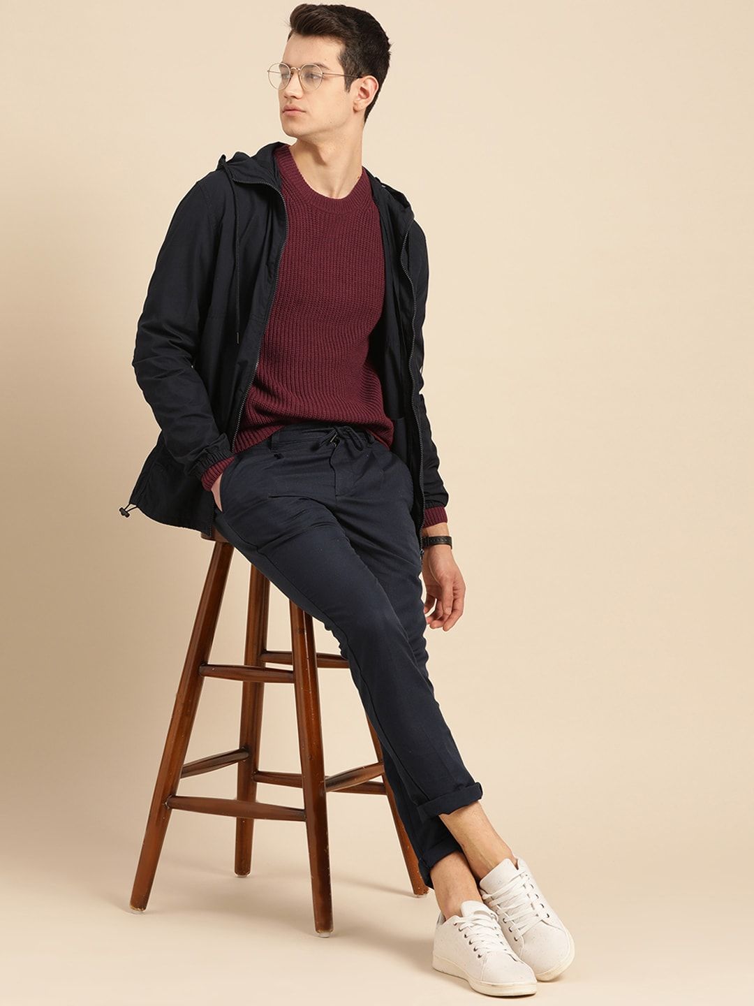 Mr Bowerbird Men Maroon Tailored Fit Solid Pullover