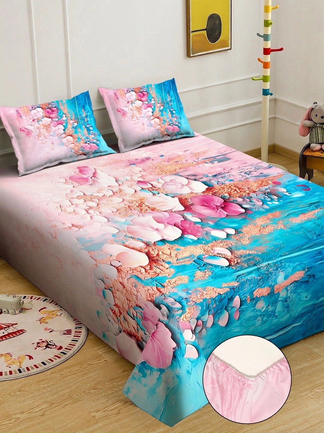 Moda Rapido X KLOTTHE Blue Floral 400 TC King Bedsheet with 2 Pillow Covers