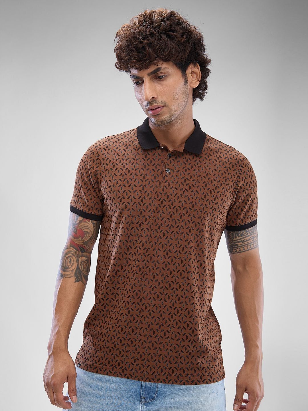 SPYKAR Men Abstract Printed Polo Collar Slim Fit T-shirt