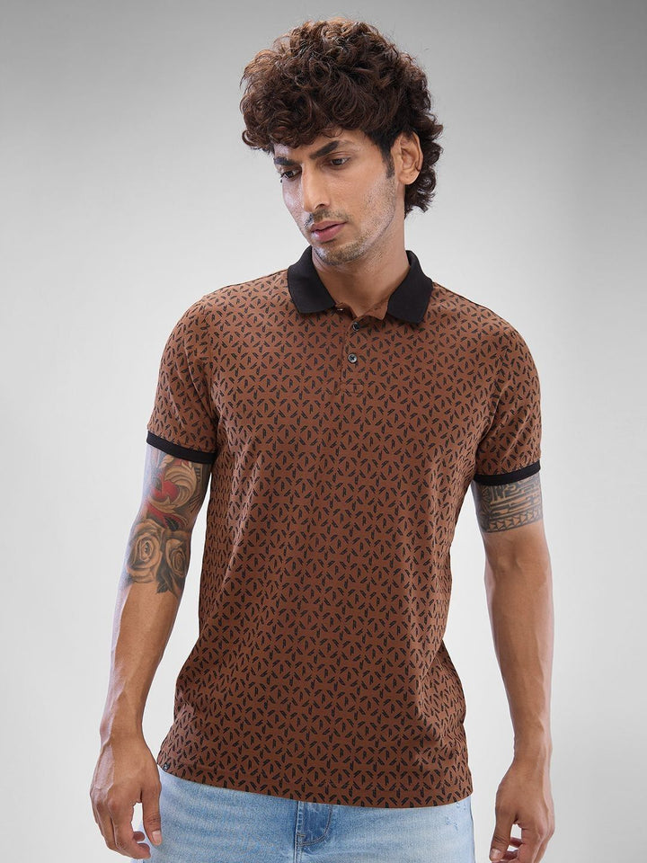 SPYKAR Men Abstract Printed Polo Collar Slim Fit T-shirt