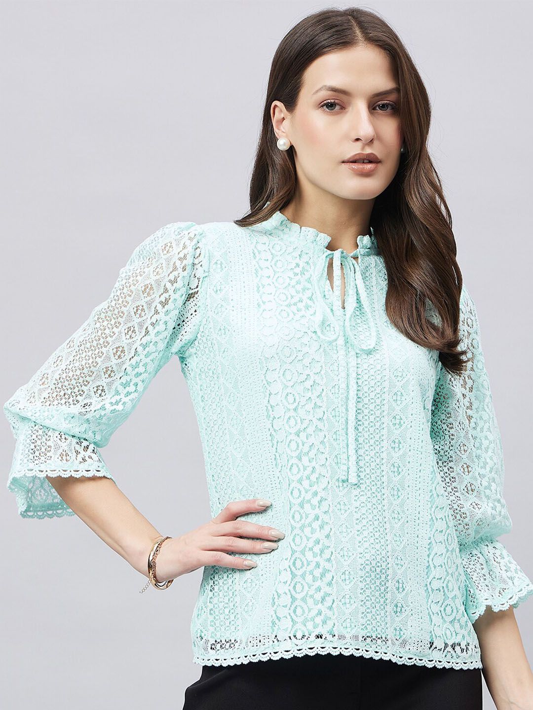 Style Quotient Tie-Up Neck Bell Sleeve Cotton Lace Top