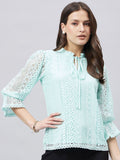 Style Quotient Tie-Up Neck Bell Sleeve Cotton Lace Top