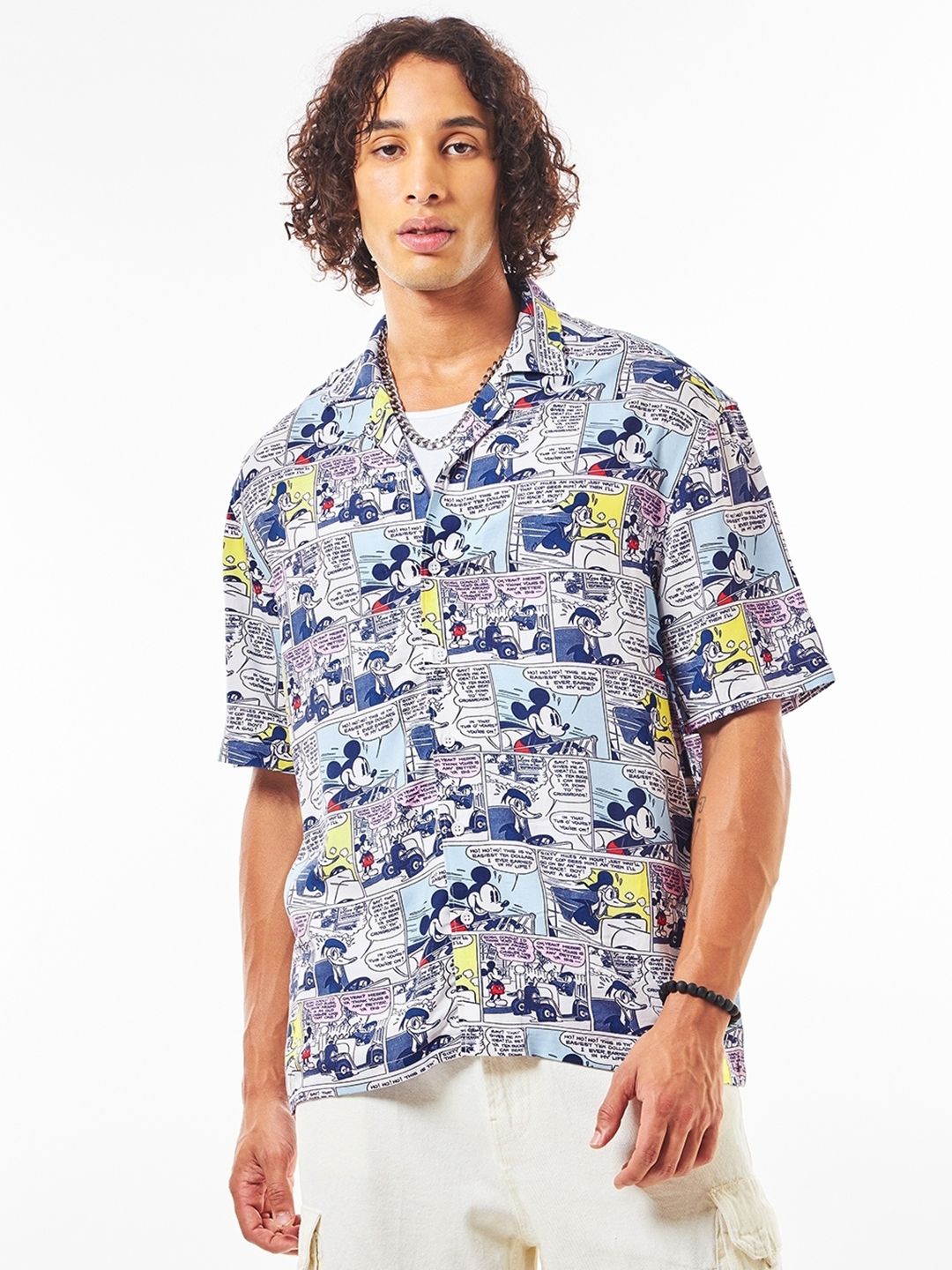 Bewakoof Mickey Mouse Graphic Printed Cuban Collar Oversized Shirt