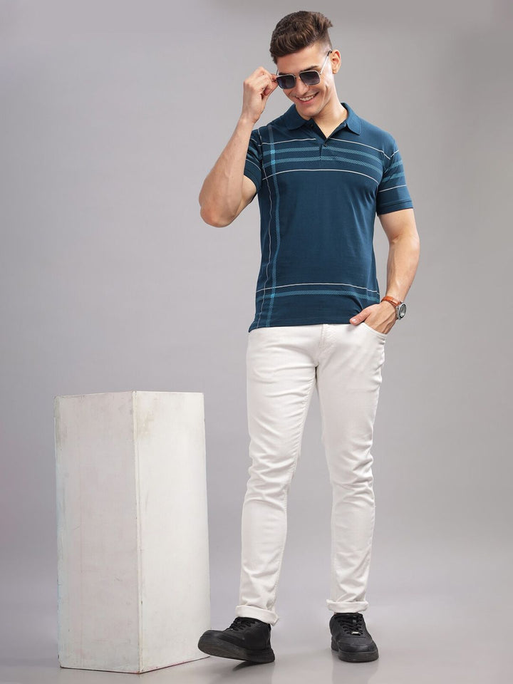 ADRO Striped Oversized Polo Collar Pure Cotton T-shirt