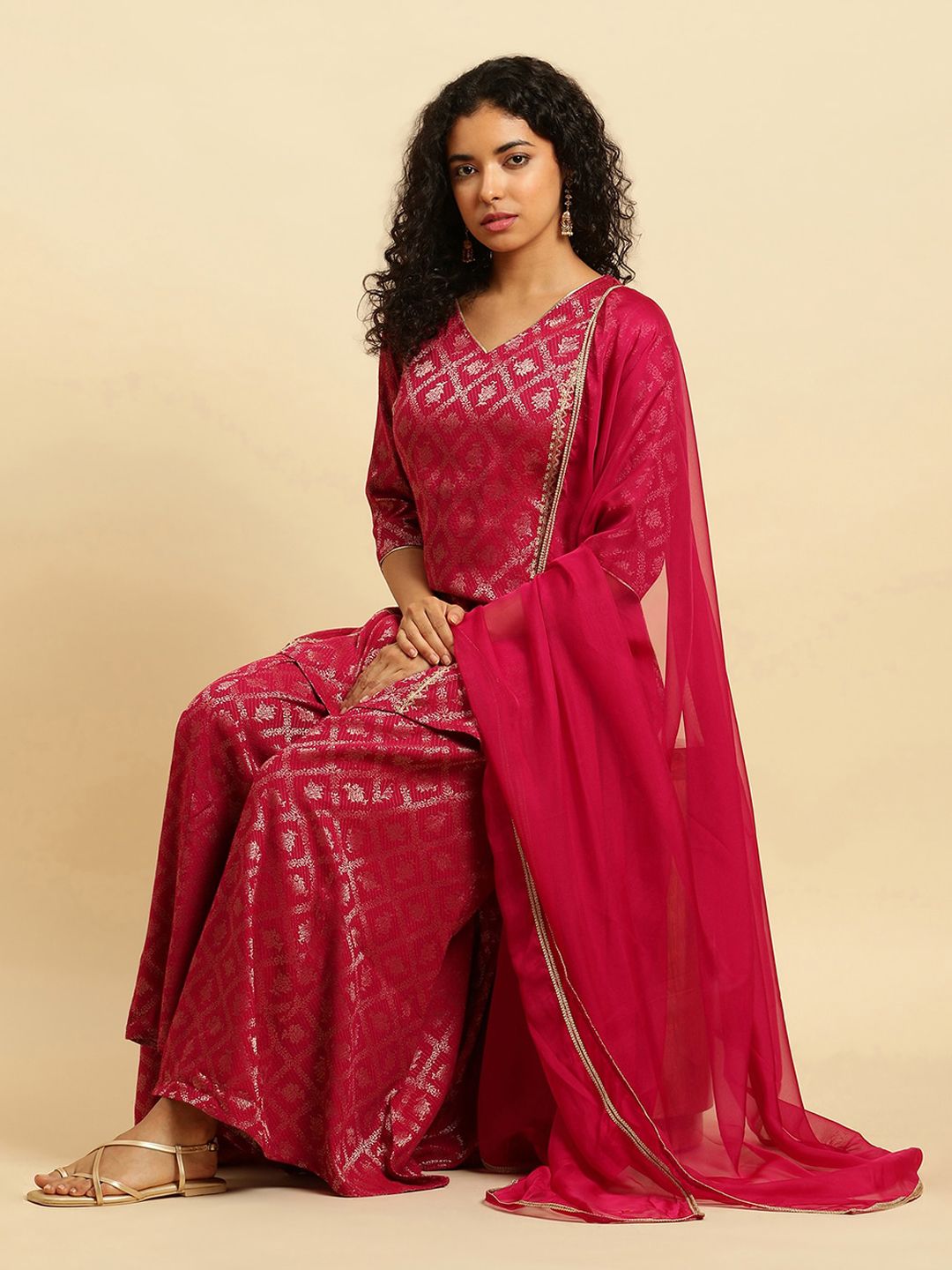 W Festive Striped Print Rayon Kurta With Flared Pant & Dupatta