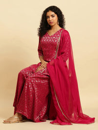W Festive Striped Print Rayon Kurta With Flared Pant & Dupatta