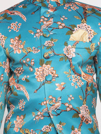 VASTRAMAY Boys Turquoise Blue Printed Bandhgala Blazer
