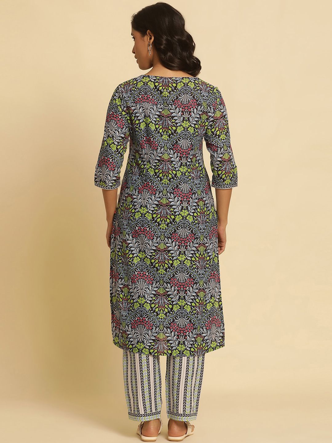 W Floral Printed Round Neck Pure Cotton Straight Kurta With Trouser
