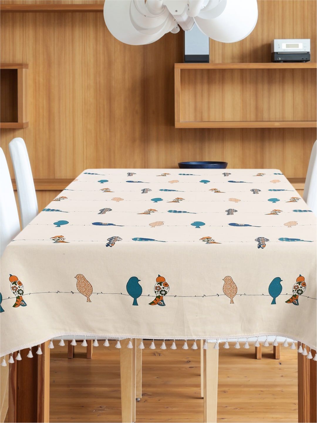 URBAN SPACE Off-White Printed Pure Cotton 4-Seater Table Cover