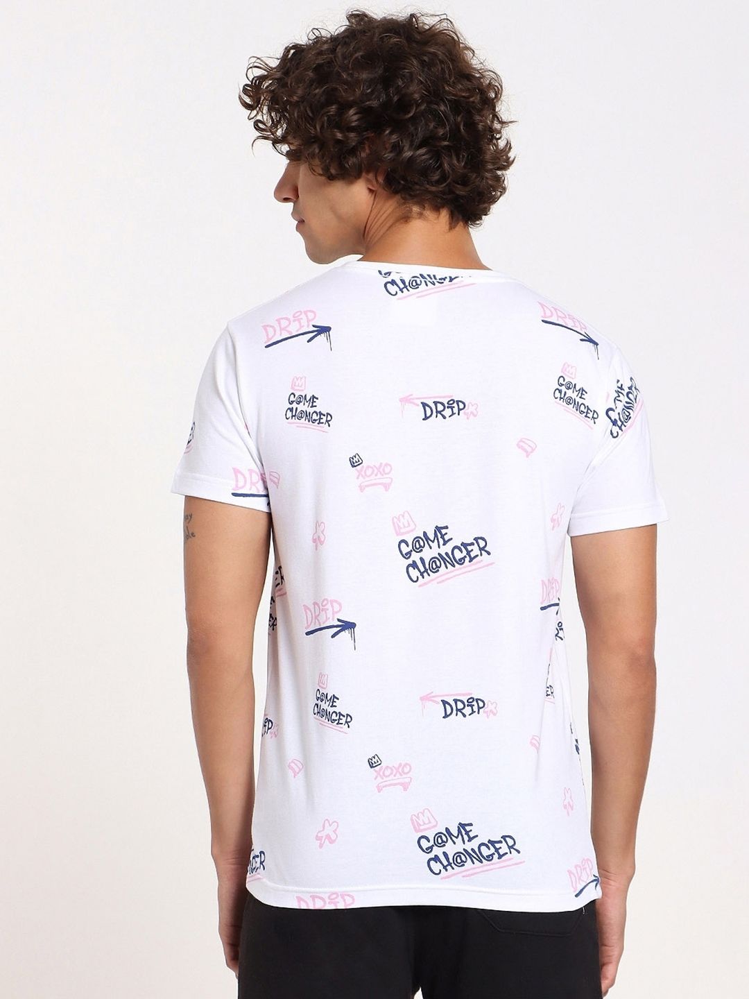 Bewakoof Men White & Navy Blue Printed T-shirt