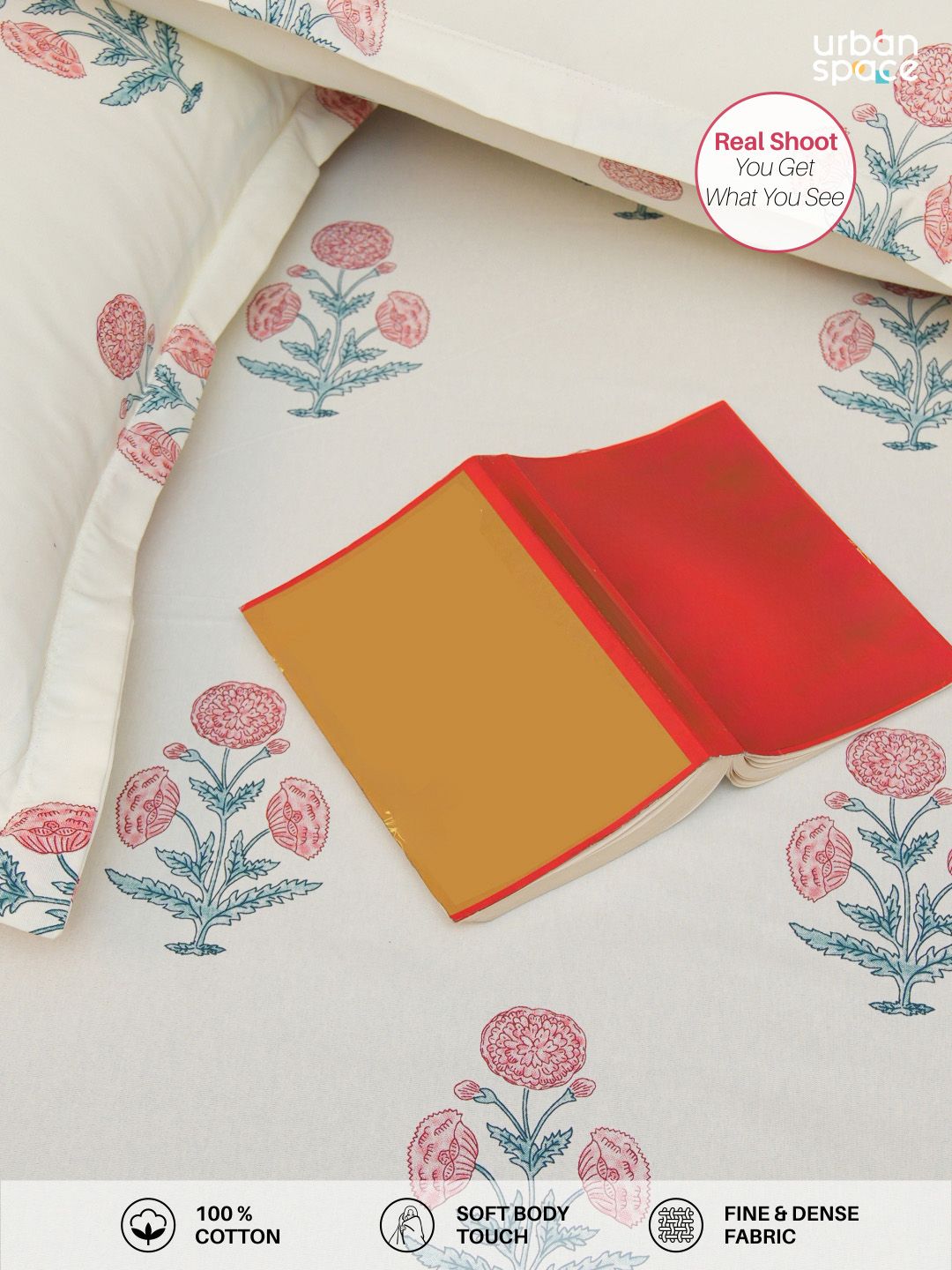 URBAN SPACE White Printed 200 TC Cotton Double King Bedsheet With 2 Pillow Covers