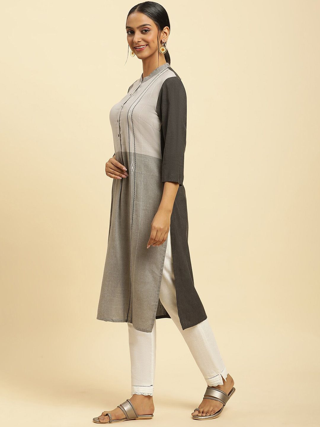 W Grey Mandarin Collar Straight Kurta