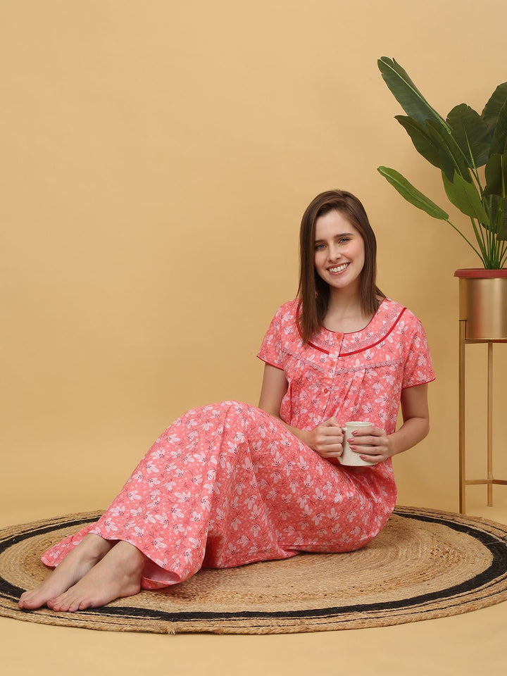 Sweet Dreams Women Floral Printed Pure Cotton Maxi Nightdress