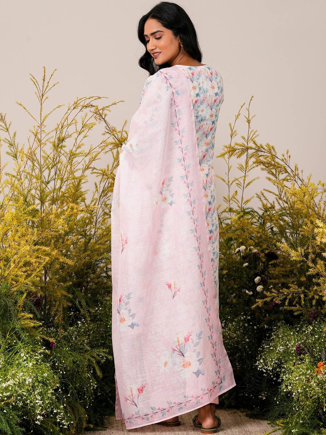 Libas Pink Floral Printed Straight Round Neck Thread Work Linen Kurta Set