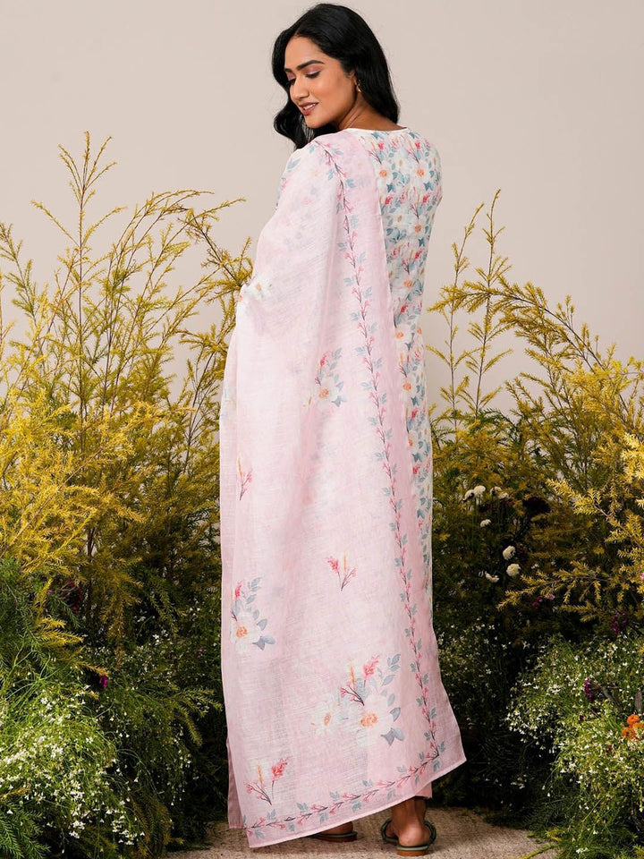 Libas Pink Floral Printed Straight Round Neck Thread Work Linen Kurta Set