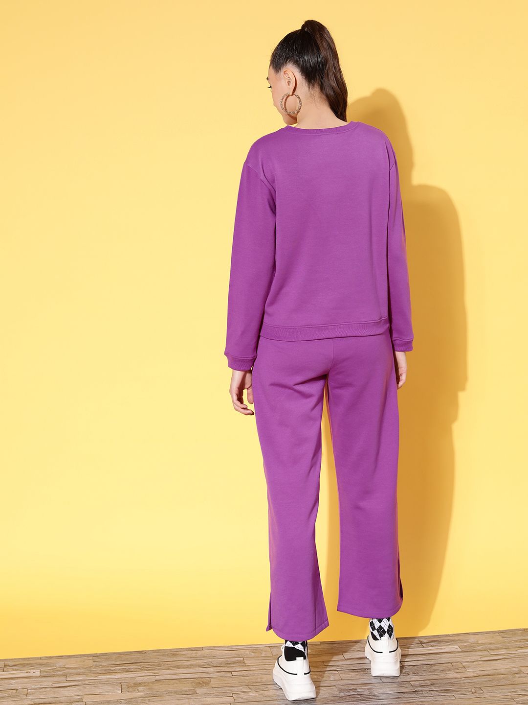 SASSAFRAS Women Purple & White Printed Sweatshirts and Trousers